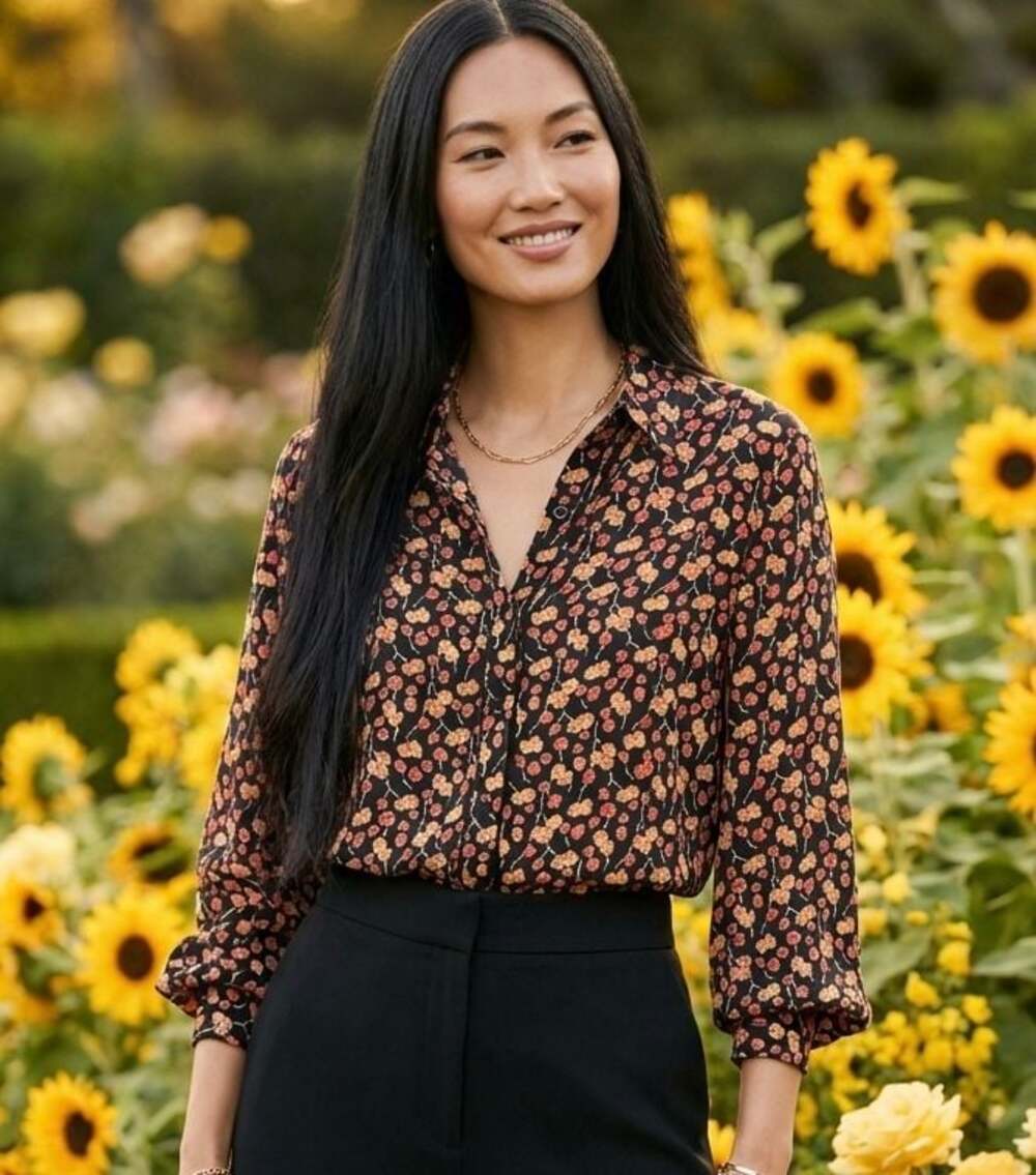 Alfani Petite 100% Silk Floral Button Down Blouse, Size 14P - EK